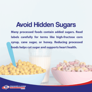 Check food labels to spot added sugars like high-fructose corn syrup, cane sugar, and honey – reduce processed foods for better heart health in Malaysia.